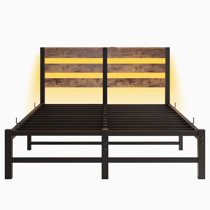 Modern Metal Bed with Wooden Headboard, RGB Lights