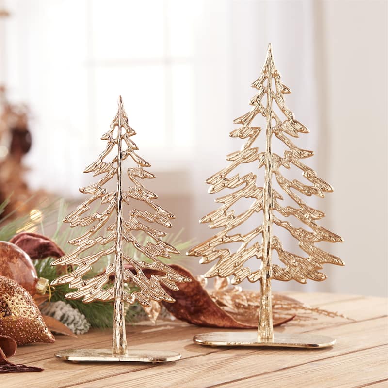 Set of 2 Modern Metal Trees with Wood Base for Christmas Decor