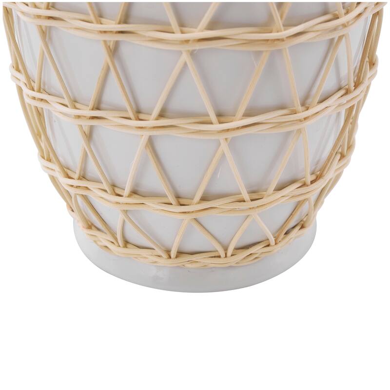 White Ceramic Vase with Woven Rattan Exterior - 7"W, 14"H