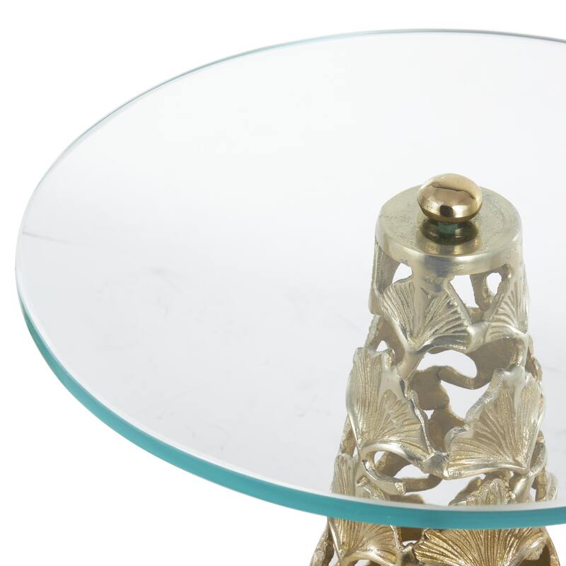 Gold or Silver Aluminum Metal Cutout Cone Shaped Floral Side End Accent Table with Tempered Glass Tabletop (Set of 3)