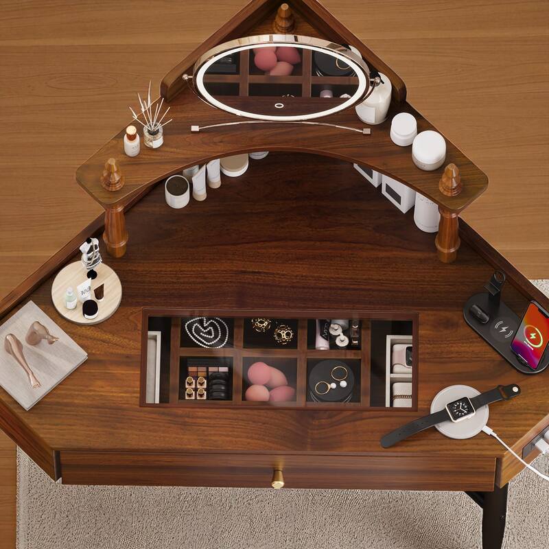 Modern Corner Makeup Vanity Desk with Stool, Charging Ports, Glass Tabletop, Removable Side Cabinet, Drawer & Storage Shelves