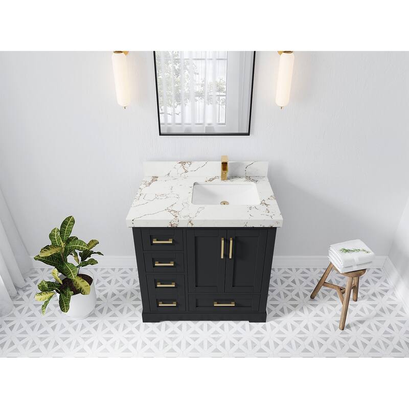 Willow Collections 36 x 22 Boston Right Offset Sink Bathroom Vanity with Quartz or Marble Countertop