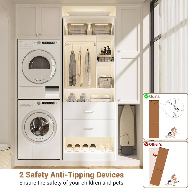 Kyrvo Freestanding 24" Closet System with 2 Wood Drawers,2FT Heavy Duty Walk-in Closet Organizer with 6 Shelves & Hanging Rod