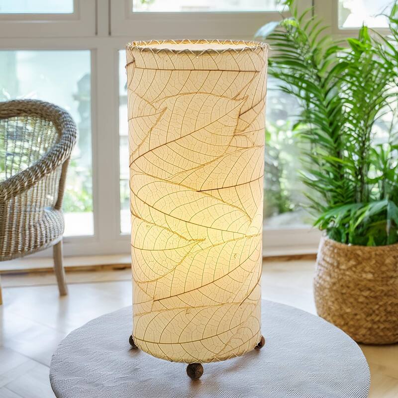 Eangee Handmade Cocoa Leaf Cylinder Table Lamp, Cocoa Leaves Shade, 7 x 7 x 17 in.