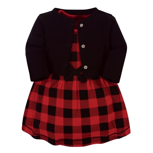 slide 1 of 1, Touched by Nature Baby and Baby Girl Organic Cotton Dress and Cardigan 2pc Set, Buffalo Plaid 12-18 Months - Buffalo Plaid