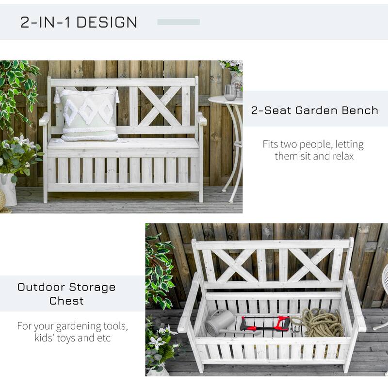 Cream White Rustic Solid Fir Wood Storage Boxes with Bench and 4 Wooden Legs for Porch Deck Garden and Balcony