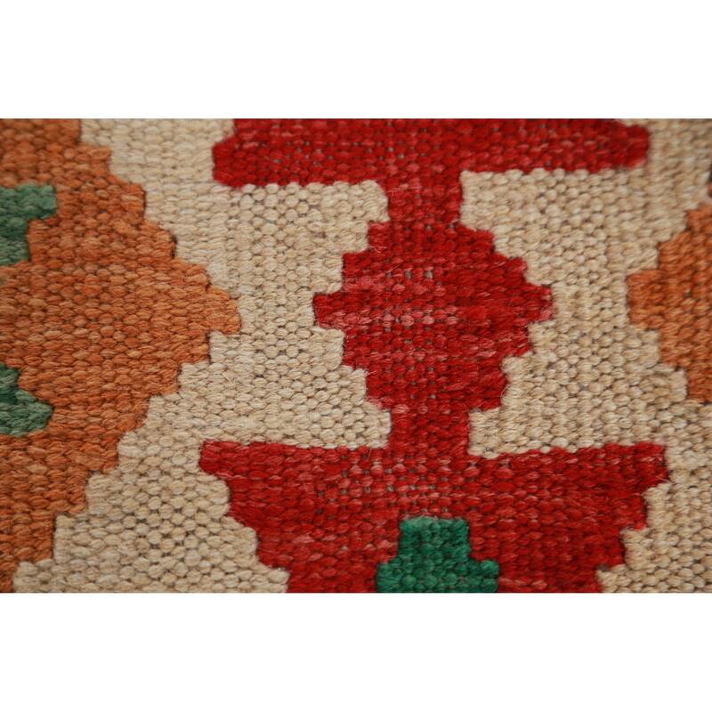 Hand Woven Oriental 100% Wool Carpet Southwestern Geometric Beige & Ivories Kilim Runner Rug - 12' 9'' X 3' 0''