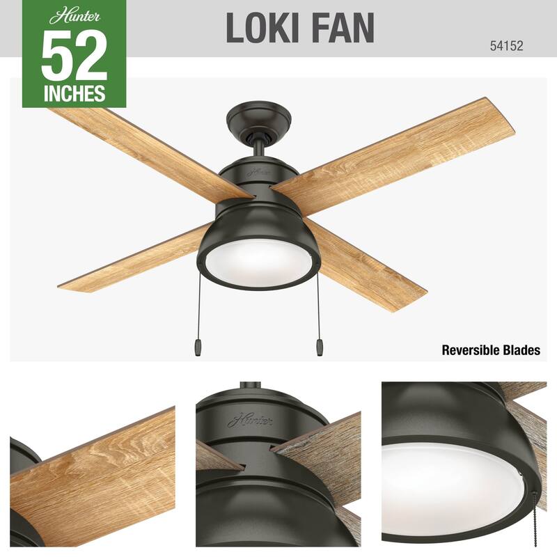 Hunter 52" Loki Ceiling Fan with LED Light Kit and Pull Chain - Transitional, Modern-Contemporary
