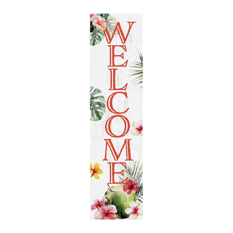 HomeRoots 36" Pink And White Solid Wood Tropical Floral Welcome Porch Sign