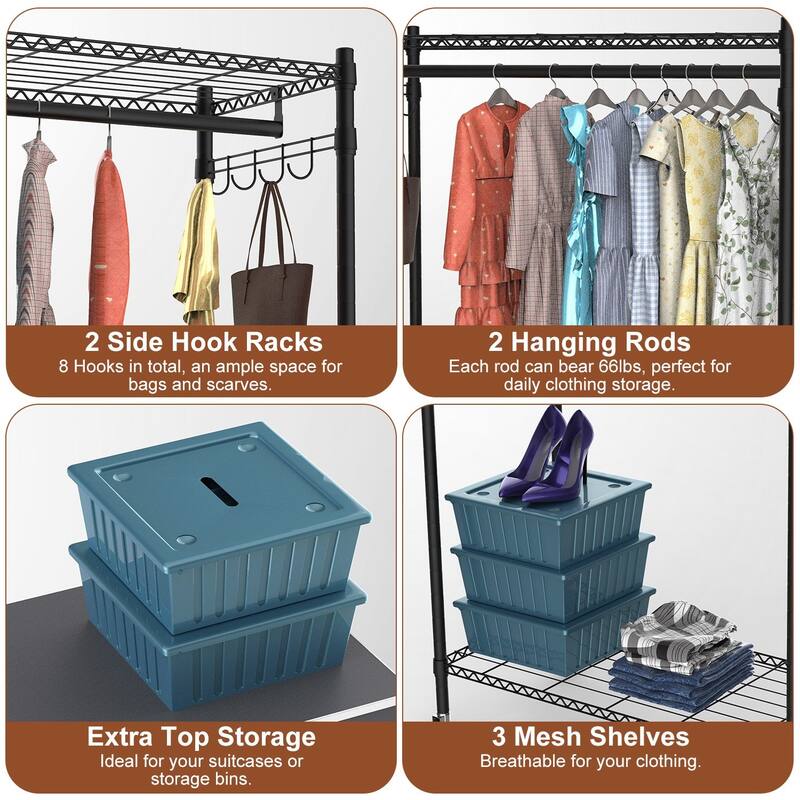 Grey Galvanized Tubes 2-Tier Covered Wardrobe Rack with Wheels and Hooks - 35.43x17.13x72.44in