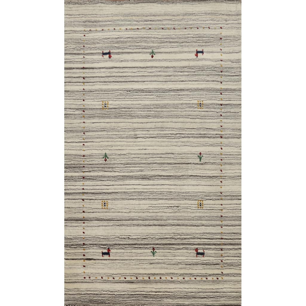 Hand Knotted Oriental 100% Wool Carpet Tribal Animal Pictorial Beige & Ivories Gabbeh Area Rug - 4' 11'' X 3' 0''