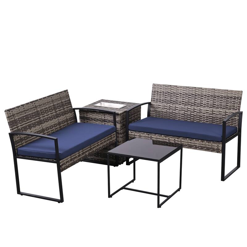 4 Piece Outdoor PE Wicker Furniture Set, Patio Brown Rattan Sectional Sofa Couch with Washable Cushions