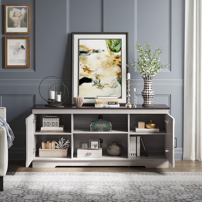 Evelynn Wood Farmhouse TV Stand for 65 Inch TV Sliding Barn Doors Grey White