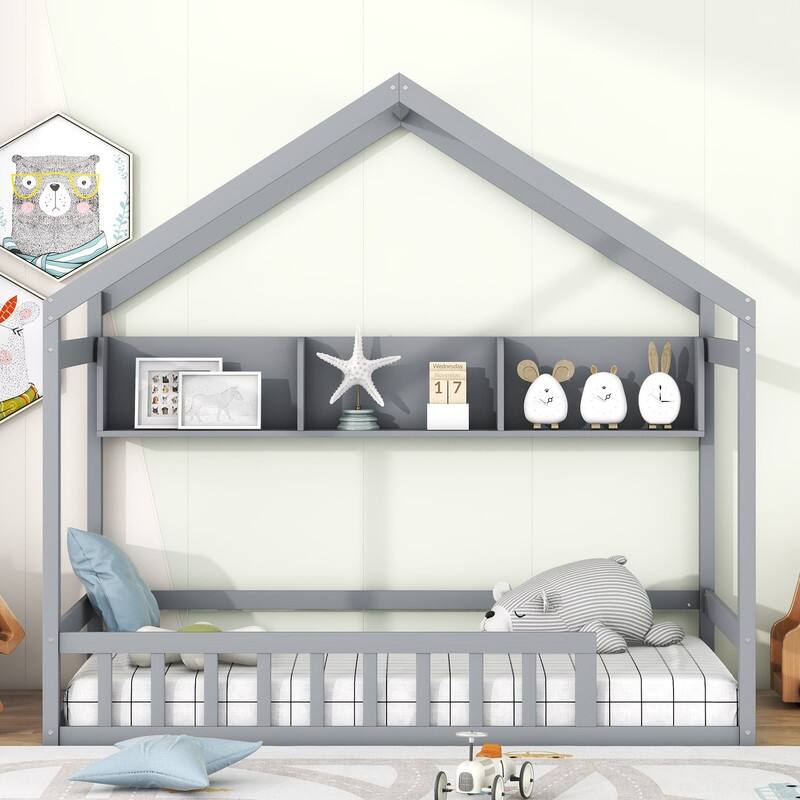 Wooden House Bed with Storage Shelf，Fence and Roof