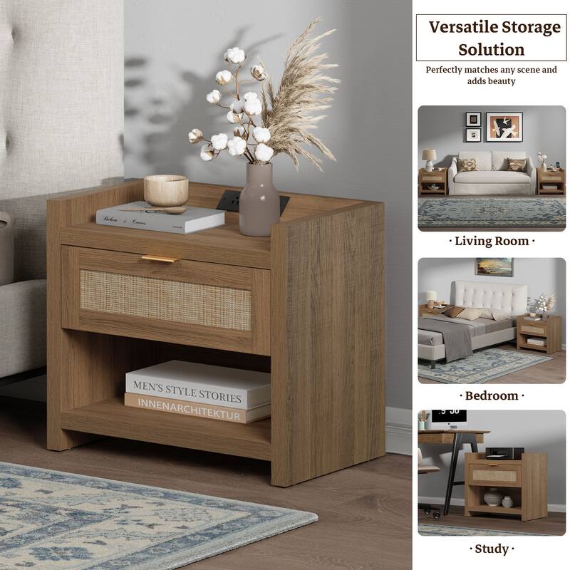 Farmhouse Nightstand with Charging Station and Drawers