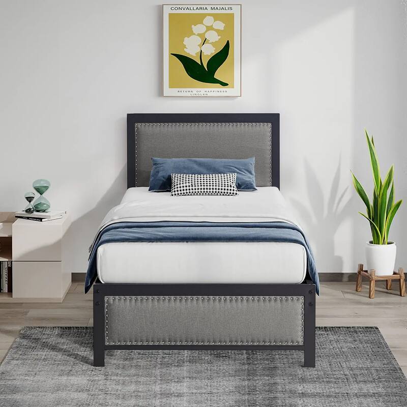 VECELO Upholstered Kids Bed with Headboard,Twin Size Bed Set of 2
