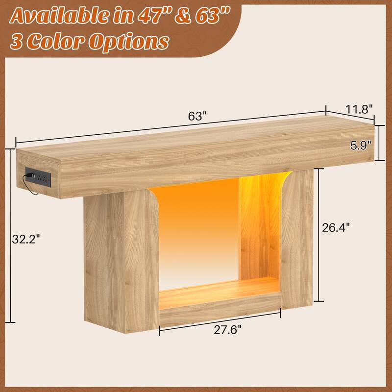 63'' W Farmhouse Console Table with Chaging Station, Thick Sofa/ Entryway Table with Storage Shlef