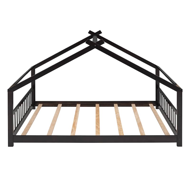 Full/Twin House Bed for Children, Solid Pine Wood Frame with Slats, Playhouse Roof Design, Easy Assembly