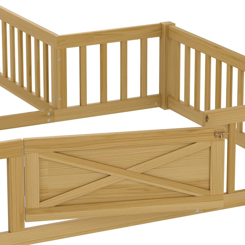 Montessori Floor Bed for Toddler Kids, L Shape House Bed with Door and Guardrails, Double Bed Frame Design for Sleeping and Play