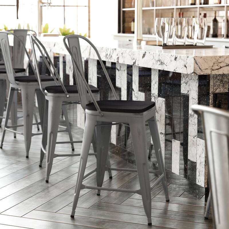 Indoor Counter Height Stool with Poly Resin Colorful Seat - Clear Coated/Black