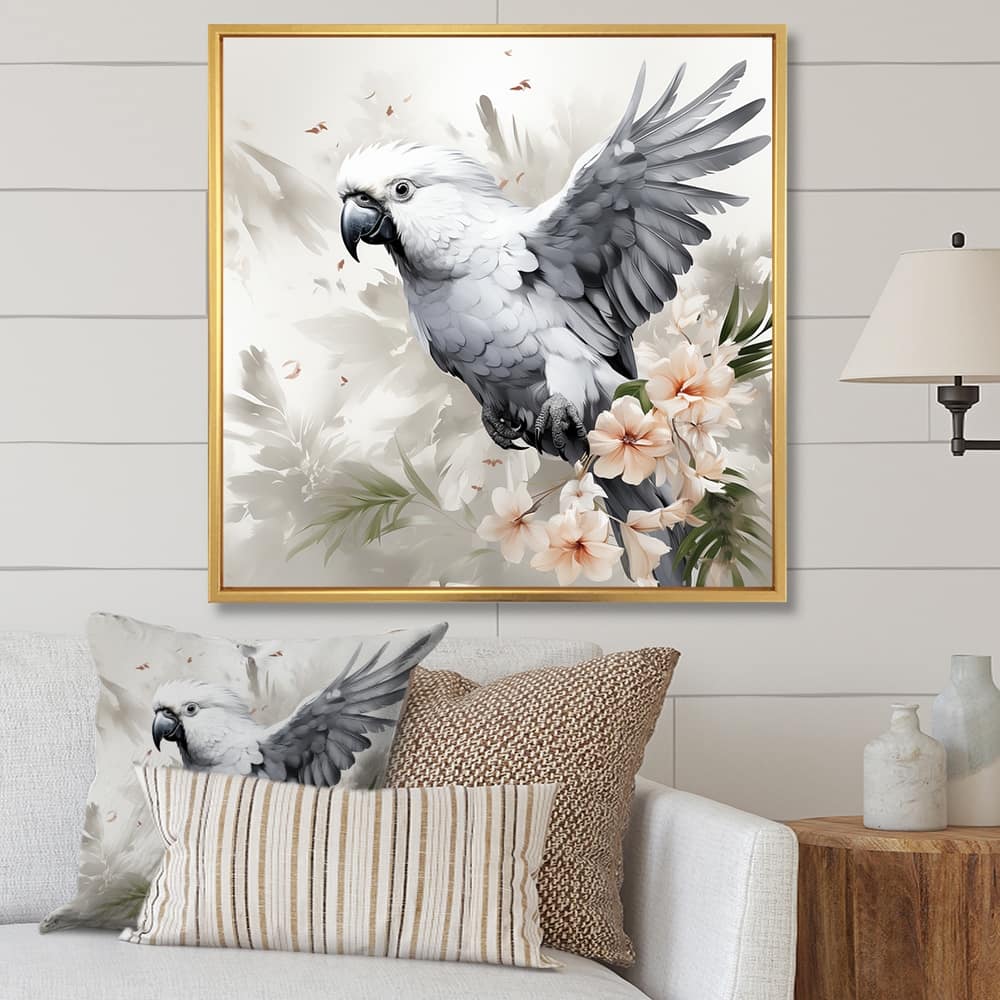 Designart "Grey Parrot In Flight II" Parrot Grey Wall Decor - Modern Hallway Framed Wall Art Decor