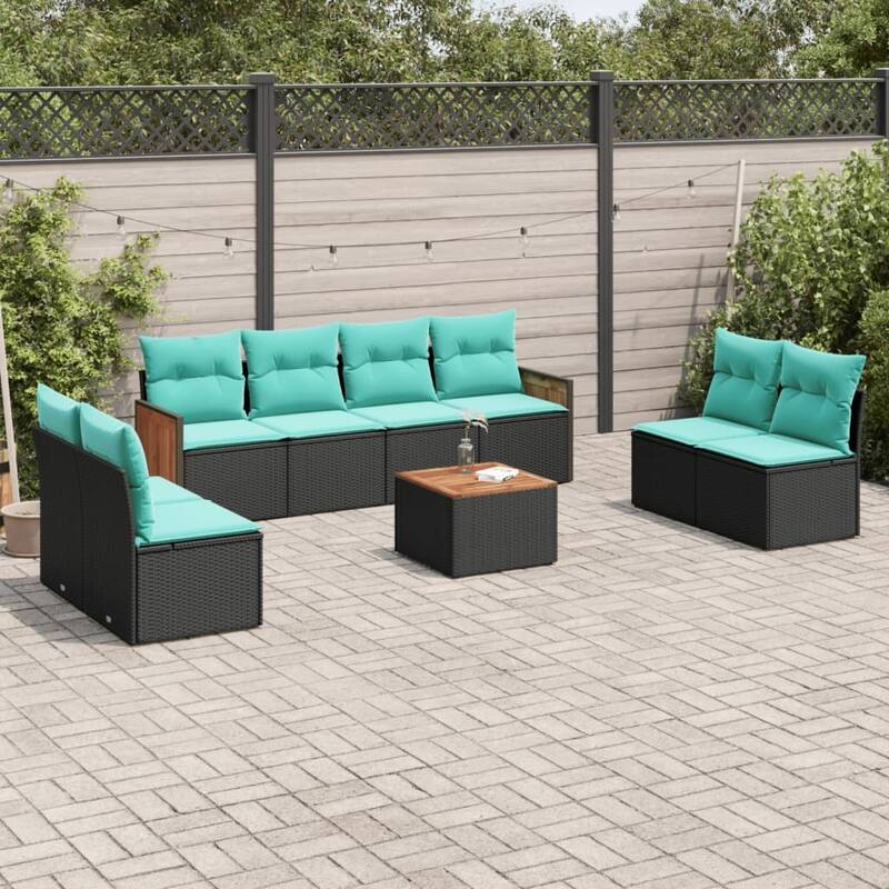 vidaXL 8 Piece Patio Sofa Set with Cushions Black Poly Rattan - 21.7x27.2x24.4-With table