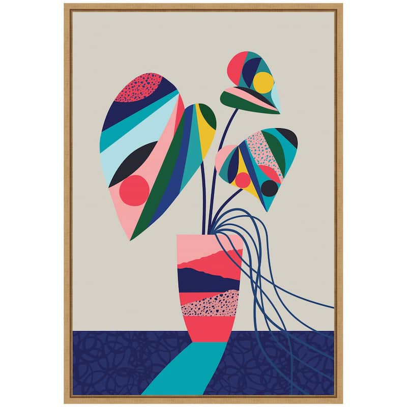 Kate and Laurel Sylvie MCM Blue and Pink Monstera Framed Canvas by Rachel Lee