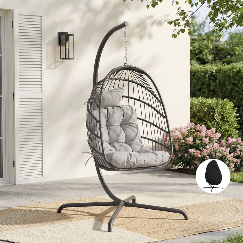 Oversized Wicker Hanging Egg Chair with Stand, Outdoor Indoor Swing Chair with Cushion, 350 lb Capacity - Light Grey/Cover