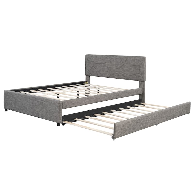 Roomfitters Queen Size Upholstered Platform Bed Frame with Twin XL Trundle and Geometric Patterned Headboard