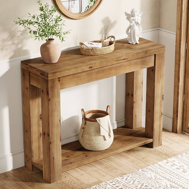43.3" Solid Wood Console Table with 2-Tier Storage, Entryway or Sofa Table