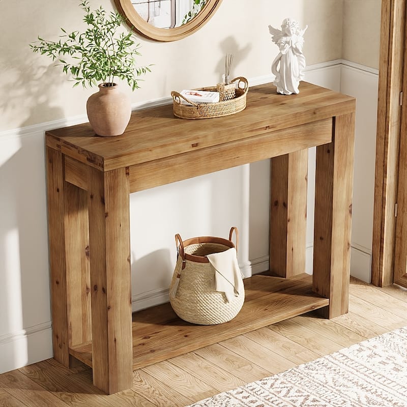 43.3" Solid Wood Console Table with 2-Tier Storage, Sofa Table