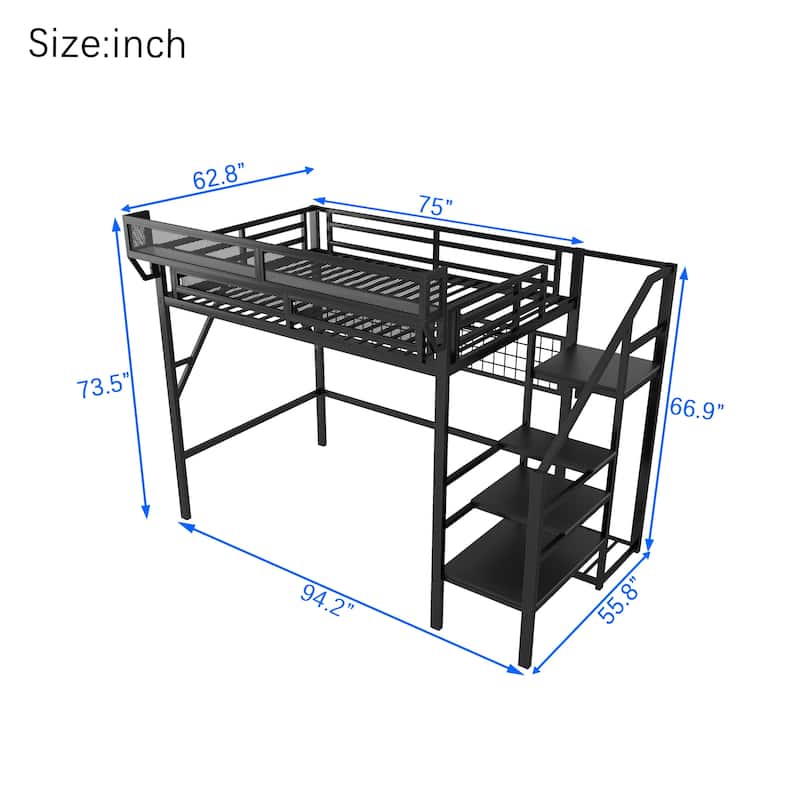 Black High Loft Bed with Wardrobe and Grid Storage for Kids Teens Adults Metal Loft Bed Frame with Light and Stairs