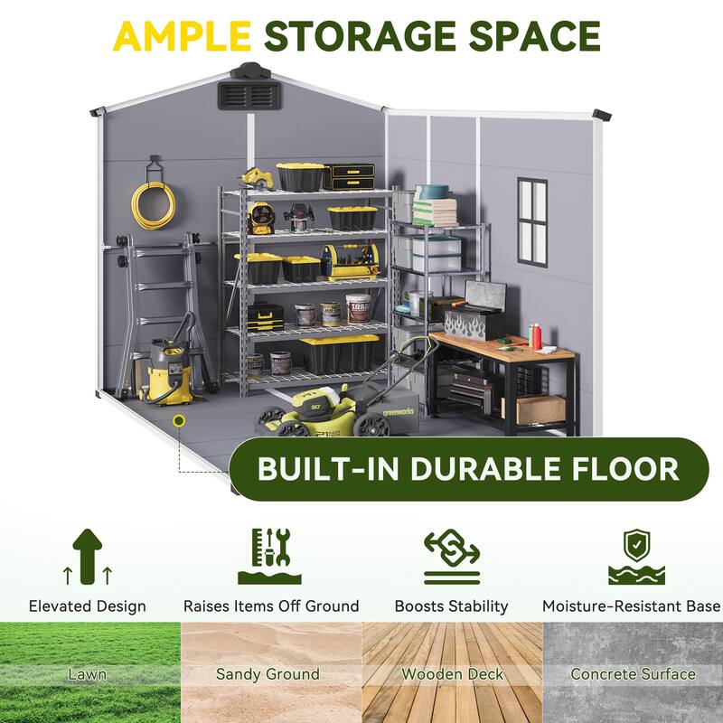 EROMMY Outdoor Storage Shed with Built-In Floor, Lockable Double Doors & Sloped Roof, Gray/Black