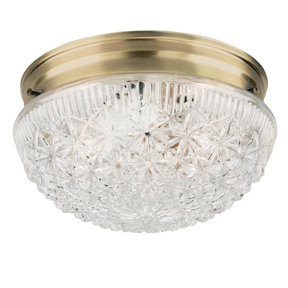 Westinghouse Two-Light Flush-Mount Interior Ceiling Fixture, Antique Brass Finish with Clear Faceted Glass