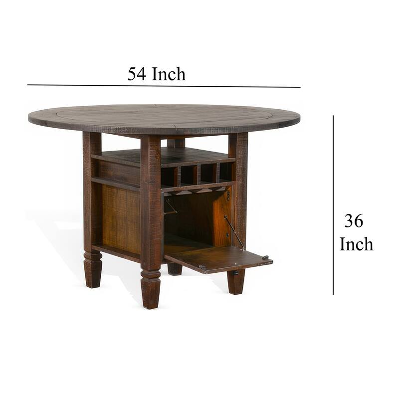 Flint Counter Height Table, 54 Inch Round, Brown Storage Pedestal Base