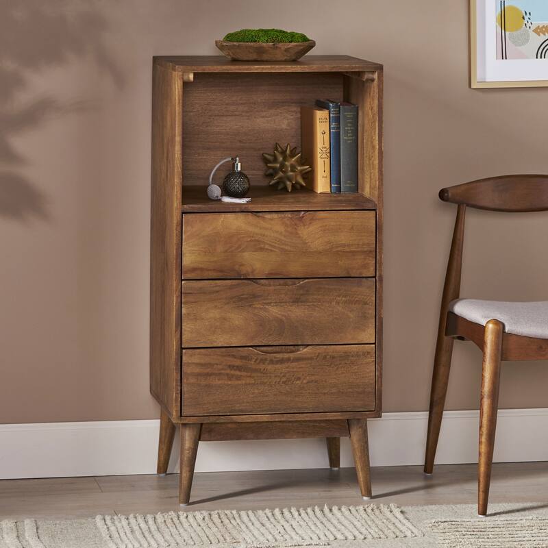 20" Rustic Wood Nightstand with 3 Drawers and Open Storage