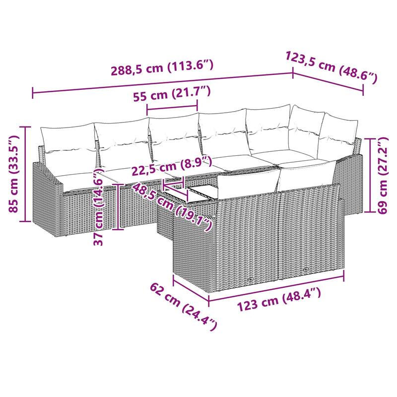 vidaXL 9 Piece Garden Sofa Set with Cushions - 113.6×48.6×27.2