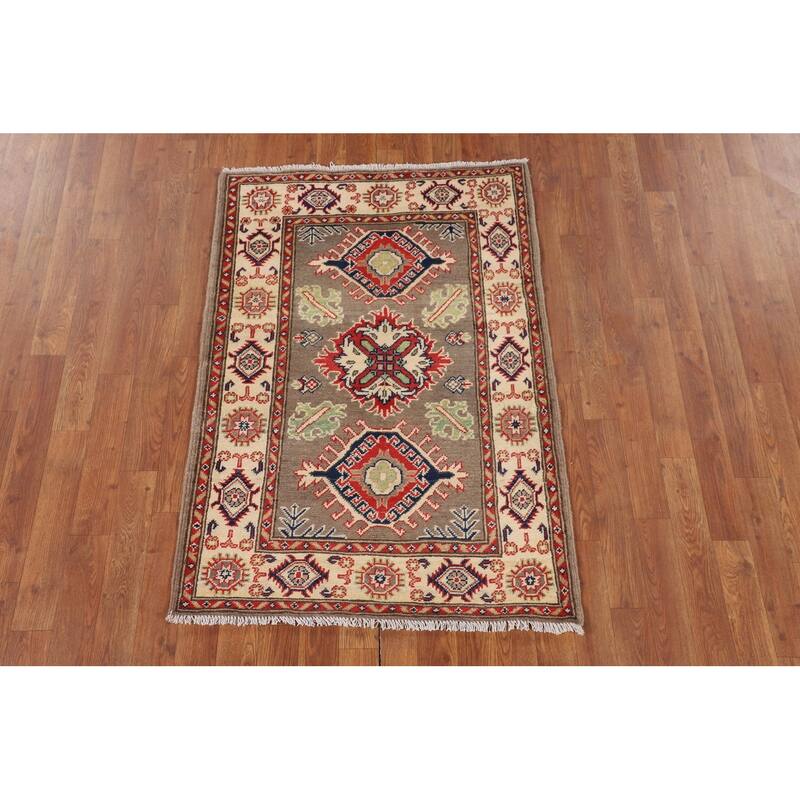 Brown Geometric Kazak Oriental Accent Rug Handmade Wool Carpet - 2'10" x 4'0"