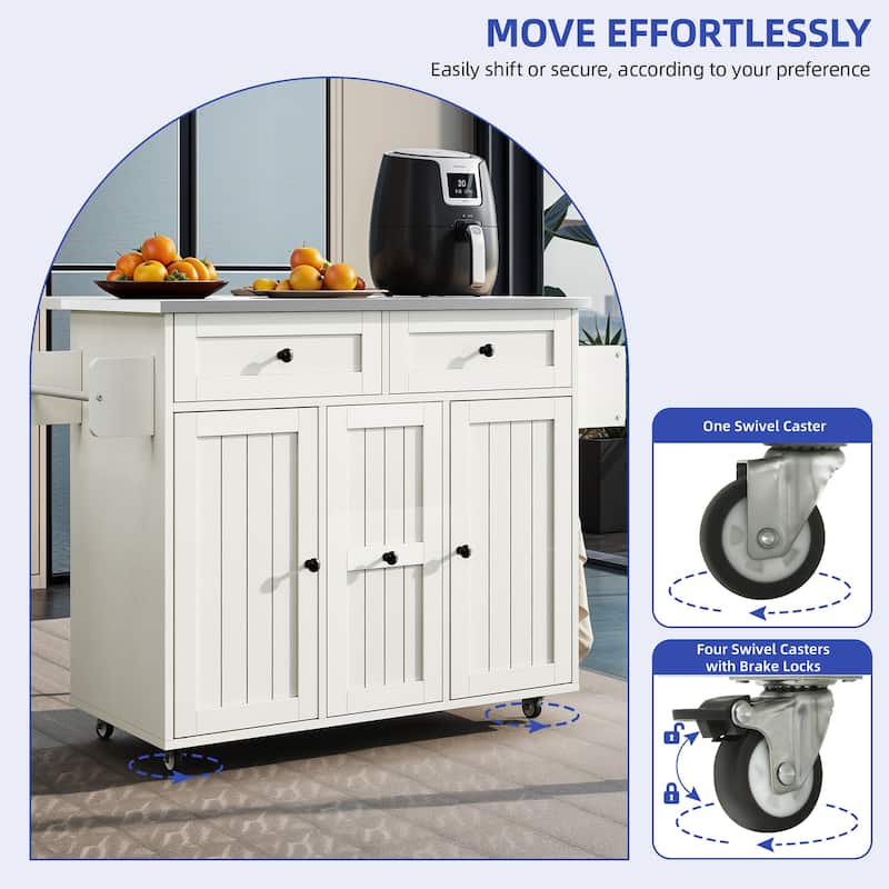 Moasis Wooden Kitchen Island with Drop Leaf Rolling Cart Extra Large Work Surface and Storage Drawers Towel Spice Rack