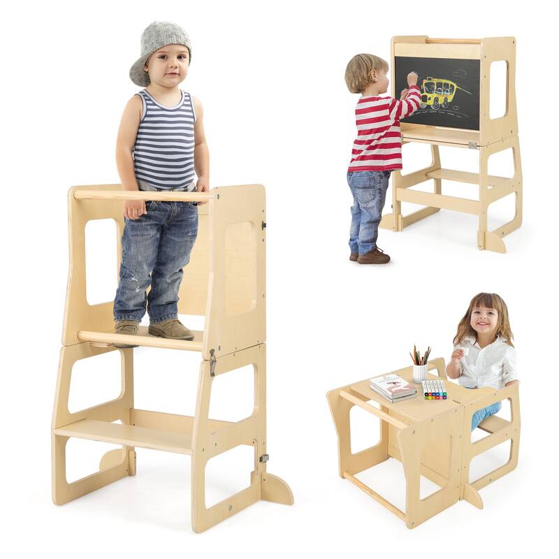 3-in-1 Wooden Foldable Toddler Standing Tower Step Stool with Chalkboard Table Set - 27" x 15.5" x 36"
