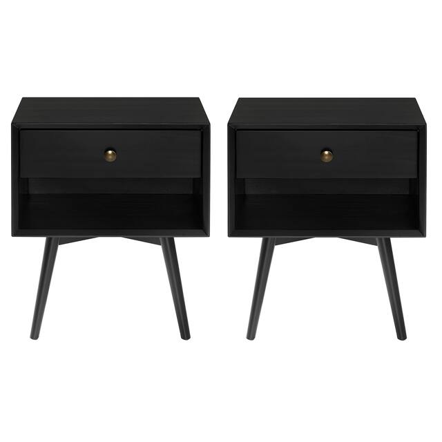 Middlebrook Mid-Century Solid Wood 1-Drawer Nightstand, Set of 2 - Black