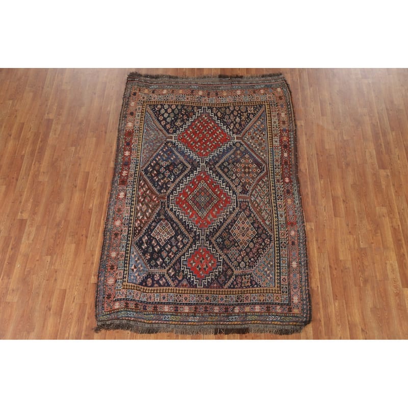 Pre-1900 Antique Blue Qashqai Persian Area Rug Handmade Wool Carpet - 5'1"x 7'8"