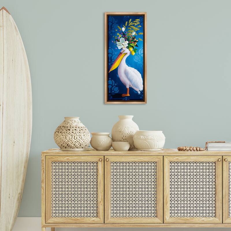 Stupell Floral Pelican over Damask Framed Floater Canvas Wall Art Design By Heather Gauthier
