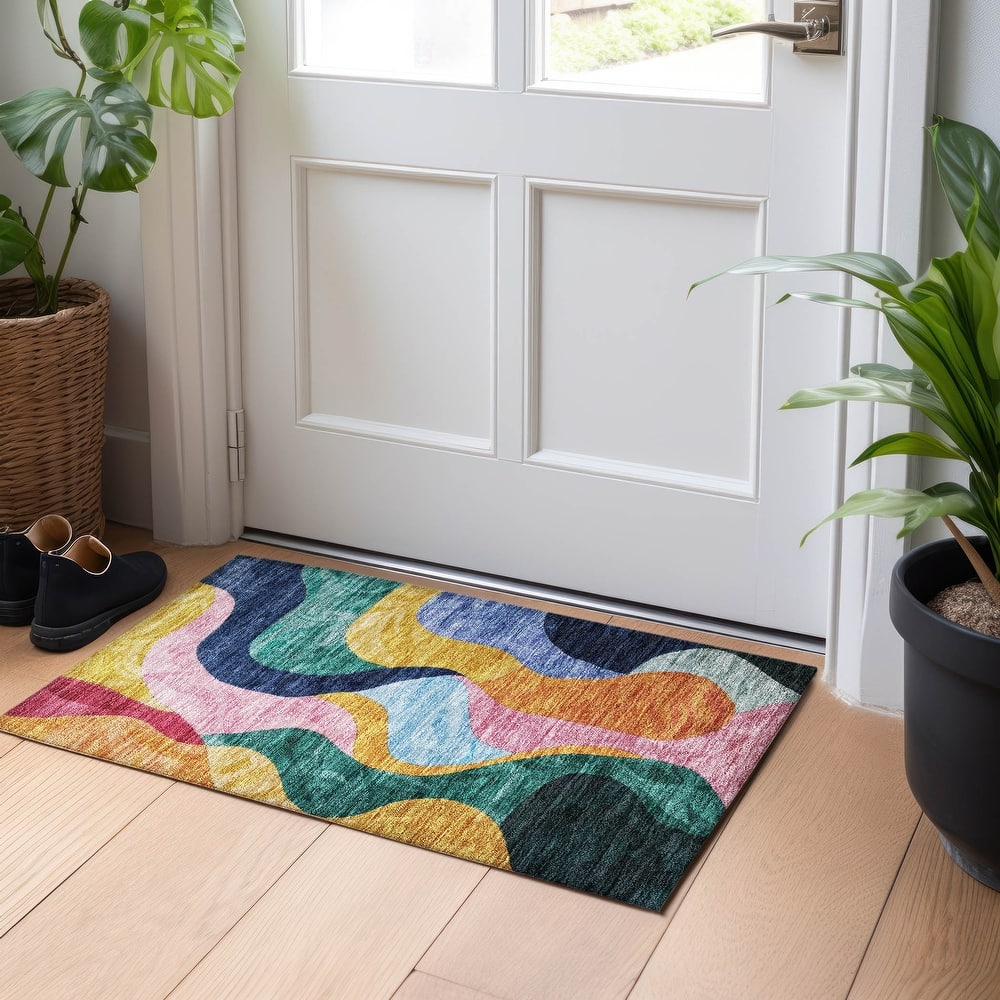 Machine Washable Indoor/ Outdoor Abstract Contemporary Chantille Rug