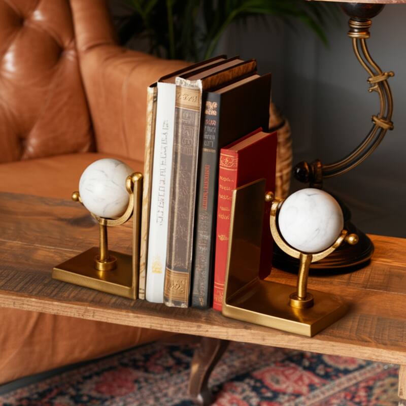 Metal Marble Bookends Globe Sculpture Sphere (Set of 2) - 7" Gold - 11.25"