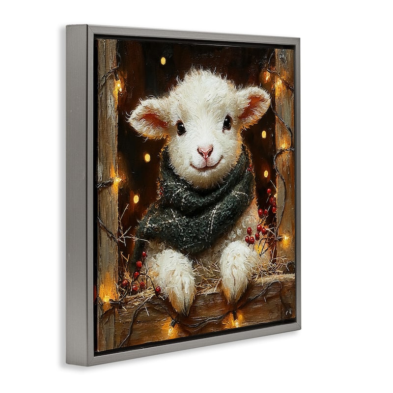 Stupell Festive Lamb with Holiday Lights Framed Floater Canvas Wall Art Design By Riley B