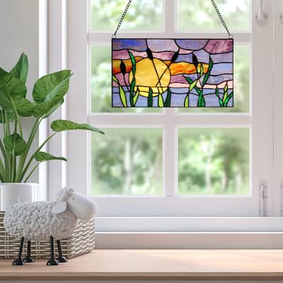 River of Goods Cattails Sunset River of Goods Multicolored Stained Glass Window Panel - 14" x 0.25" x 8.25"
