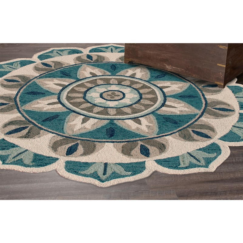 Sevita Dana Aqua Blue/Gray Bohemian Floral Hand-Tufted Wool Round Rug