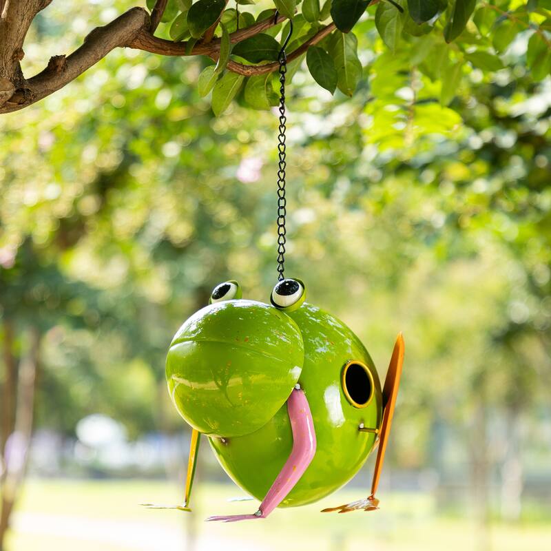Glitzhome 9"L Metal Glossy Frog Outdoor Garden Birdhouse