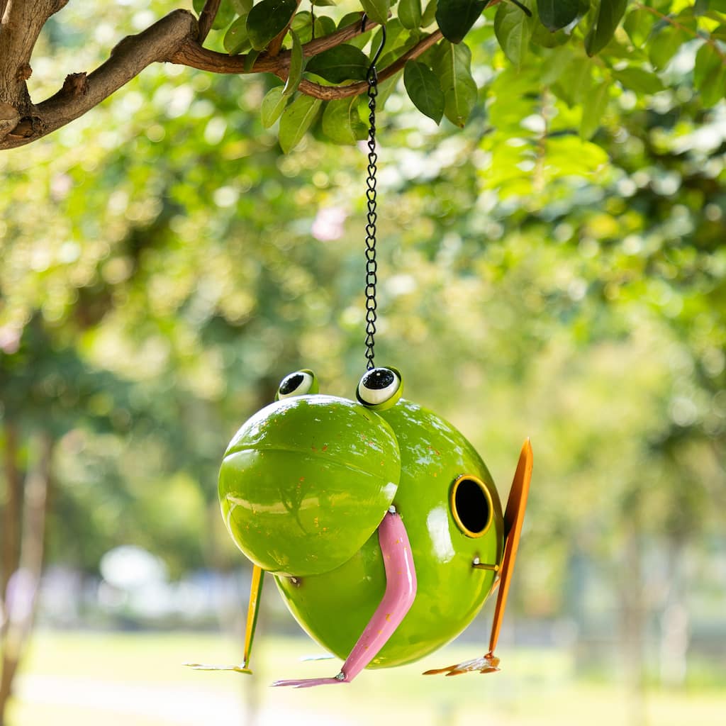 Glitzhome 9"L Metal Glossy Frog Outdoor Garden Birdhouse